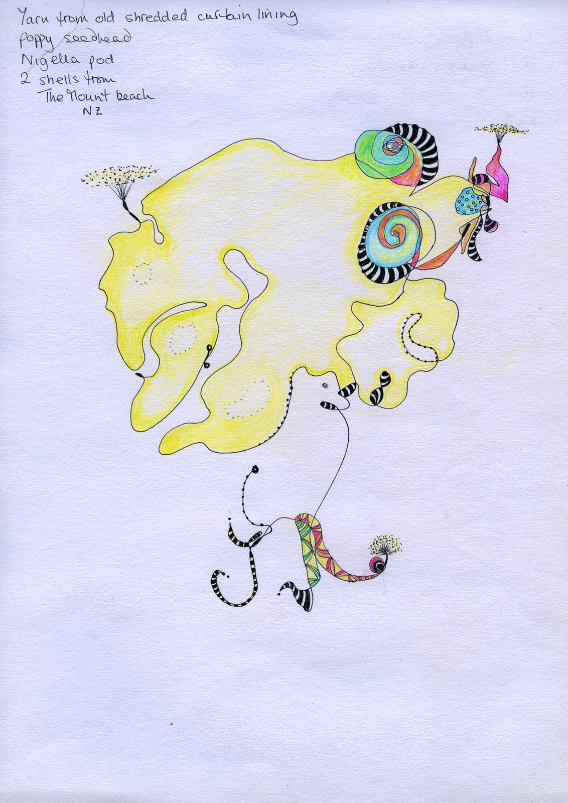 Yarn from old shredded curtain lining, poppy seedhead, Nigella pod
2 shells Hom The Mount beach NZ